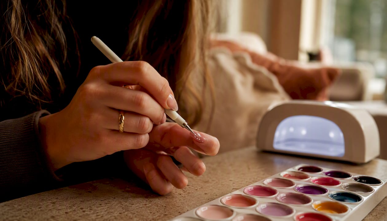 Met de hand kleine witte stipjes aanbrengen op mat nude gelakte nagels